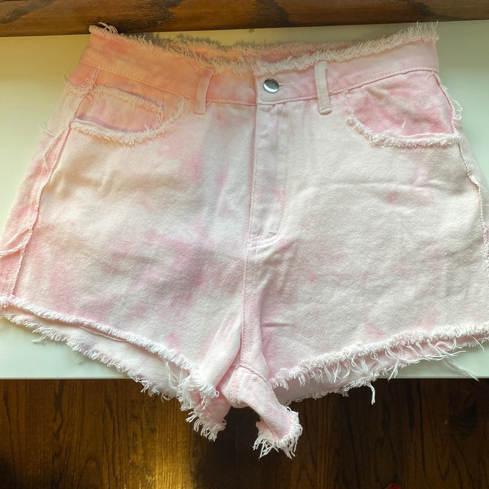 Pink denim tie dye shorts